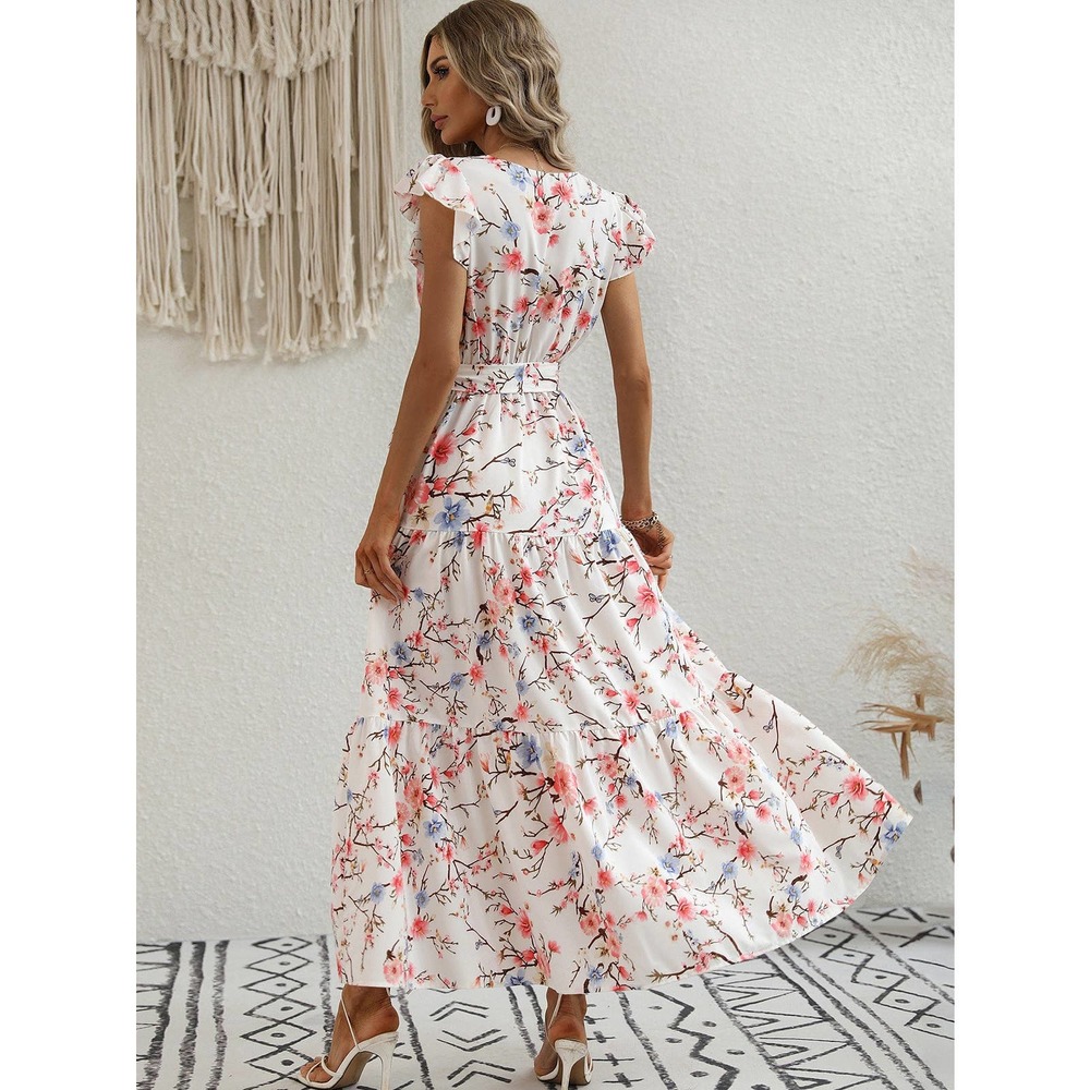 Floral Print Butterfly Sleeve Ruffle Hem Belted maxi Dress cream orange boho - Picture 7 of 12